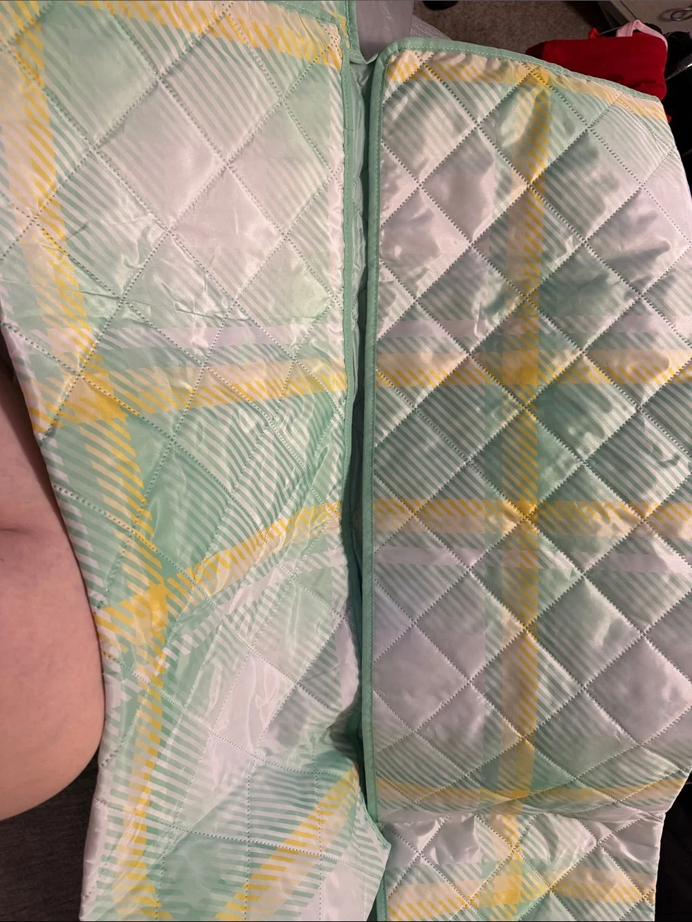 Clinique Quilted Cosmetic Pouch in Mint Green and Yellow Plaid beach blanket